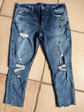 Express Women's Blue Distressed Skinny Jeans with Jeweled Accents
